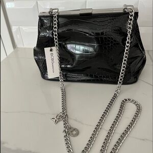 BCBGENERATION Vienna Black Shoulder Bag Metal Silver Strap Faux Crocodile